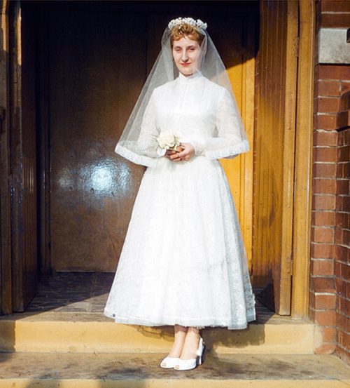 Slide scan of bride outside registry office
